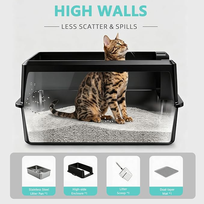 WoofiGo XL Stainless Steel Litter Box, High Sided Litter Pan for Big Cats | XL for Big Cats, Anti-Urine Leakage, Non-Stick Odor-Free, Easy Clean, High Sides Block Spray, Reduce Litter Tracking, Durable