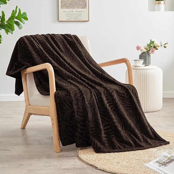 Super Soft Flannel Fleece Throw Blanket, 50 x 60 Inches, Brown | Lightweight Cozy Warm Leaves Textured Plush Blanket for Bed Couch Sofa