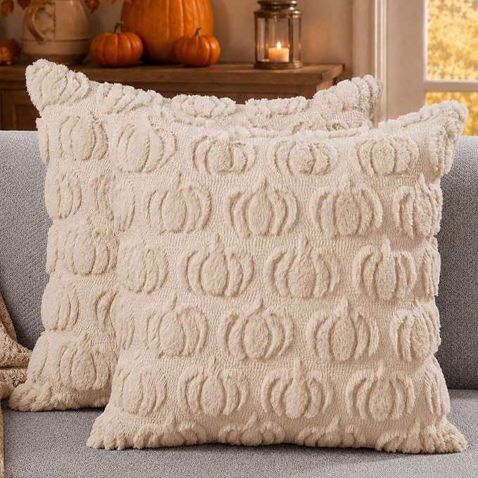 DFXSZ Fall Pillow Covers 20x20 2Pcs Beige Pumpkin Fall Decorations for Home | Fall decor Set of 2 Throw Pillow Cases Soft Plush Faux Fur Wool Couch Cushion for Chair Sofa Bedroom Living Room Home Decor