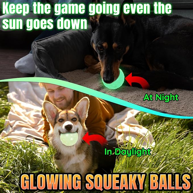 LECHONG 4-Pack 2.5” Glow in The Dark Squeaky Dog Balls, Durable Glowing Bouncy Rubber Fetch Toy Balls for Small Medium Puppy Dogs Nighttime Playing Indoors and Outdoors