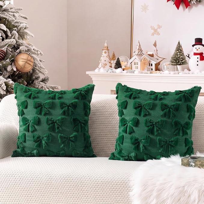 Mixweer Green Bow Pillow Covers Set of 2 Preppy Room Decor Coquette Cute Spring Summer Decorative Faux Fur Soft Bowknot Stuff Fluffy Plush Aesthetic Pillowcase for Bed Sofa Couch (20 x 20 Inch)