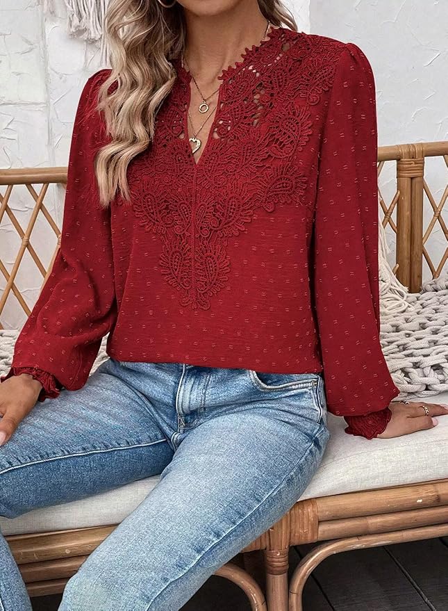 Womens Tops Swiss Dot Boho Long Sleeve Shirts V Neck Casual Chiffon Blouses Flowy Lace Hem Cute Clothing Trendy 2026