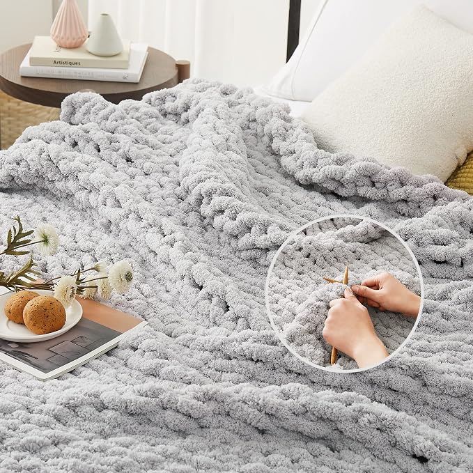 L'AGRATY Chunky Knit Throw Blanket for Couch, 60'' x 80'' Knit Throw, Grey | Handmade Chenille Crochet Blanket for Sofa Bed, Thick Cable Knitted Blankets for Room Home Decor, Birthday Gift for Women Mom