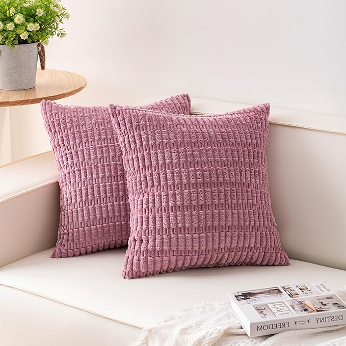 Aegero Pack of 2 Corduroy Decorative Throw Pillow Covers 24x24 Inch, Pink | Fall Soft Striped Pillow Covers Modern Farmhouse Home Decor Christmas Throw Pillow Covers for Sofa Living Room Couch Bed