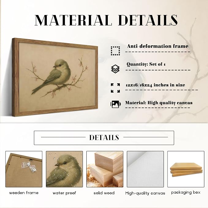 Vintage Bird Wall Art, Cherry Blossom Spring Pictures Canvas Wall Decor, Rustic Farmhouse Bird Animal Artwork Print Poster for Living Room Bedroom Bathroom 12x16 Inch Framed
