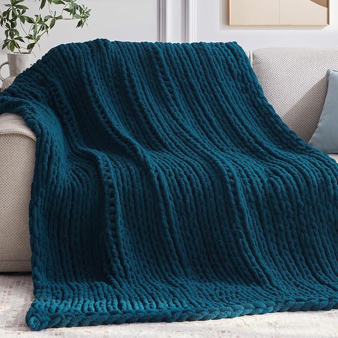 Negwoo Chunky Knit Throw Blanket, Knitted Throw Chenille Yarn, 80"*90" | Soft Thick Cable Knitted Blankets, Handmade Big Thick Blanket,Machine Washable Cute Comfy Blanket for Home Decor,Peacock blue