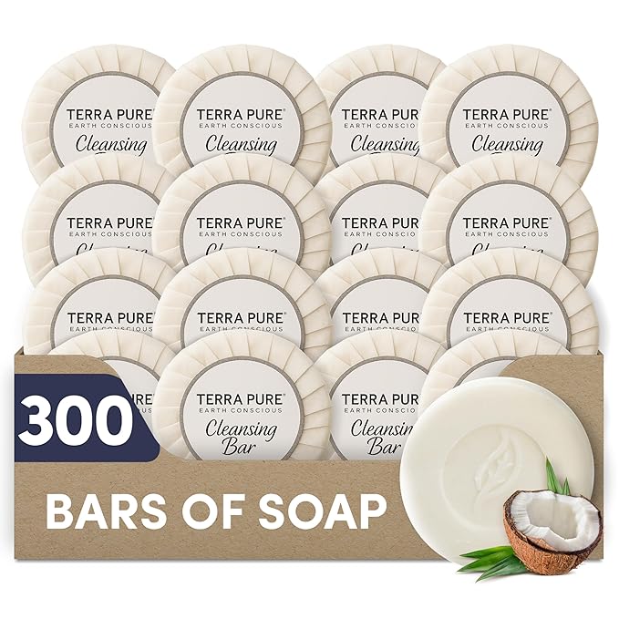 Terra Pure White Tea & Coconut Soap | Travel Size Toiletries Bulk Set for Hotel Essentials | 1.25 oz Bar Soap | 300 Pieces