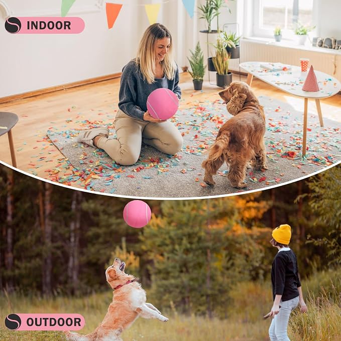 SCENEREAL Giant Tennis Ball for Dogs, 9.5" Inflatable Large Dog Ball for Large Medium Sized Dog, Halloween Dog Toys Birthday Gift, Interactive Puppies Toys for Indoor Outdoor Training Playing, Pink