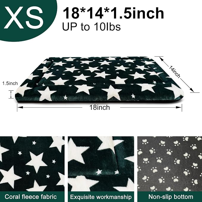 Dog Bed Mat – Soft & Comfortable Dog Kennel Pad for Crate – Durable Crate Bed & Mat for Dogs & Cats – Ideal for Crate, Kennel, and Home Use (Big&Little Stars Green, XS(18"*14"*1.5"))