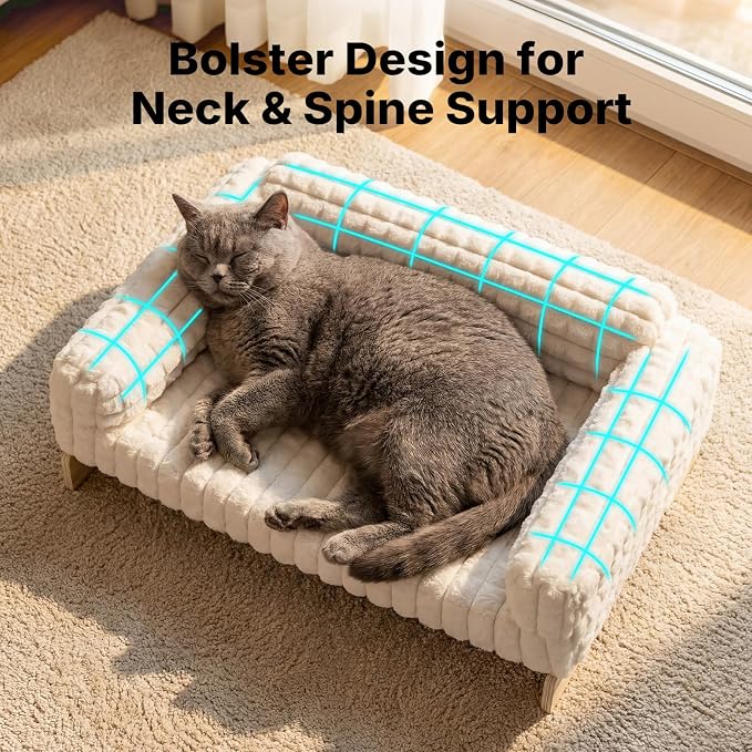 Veehoo Elevated Cat Bed Indoor, Wood Furniture Style Cat Couch Sofa | Indoor cats couch bed, removable washable cover, easy assembly, cozy fluffy cushion