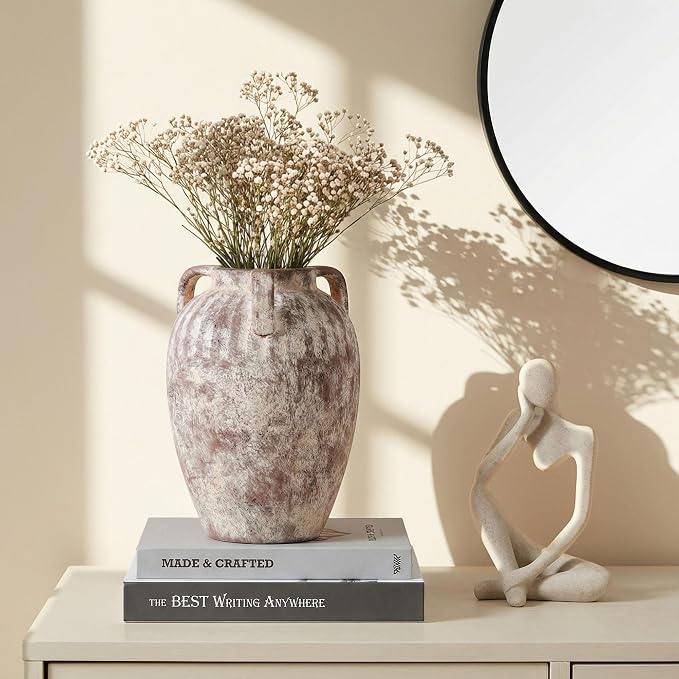 Ceramic Flower Vase with Handles, 8.86 inch Tall Ceramic Vase Home Decor Vintage Terracotta Rustic Unique Vase for Bouquet Pottery Barn Decor Large Vases Living Room Bathroom Modern Farmhouse