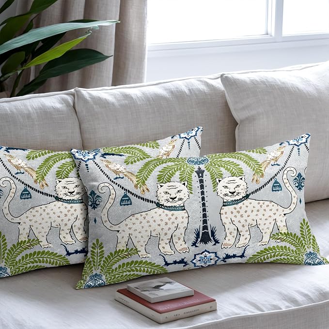 Chinoiserie Animal Print Leopard Tropical Tree Lumbar Pillow Covers 12X20 Inch Set of 2 Vintage Asian Tiger Birds Pillow Cases Green Cotton Linen Cushion Case Farmhouse Home Decor For Sofa Couch