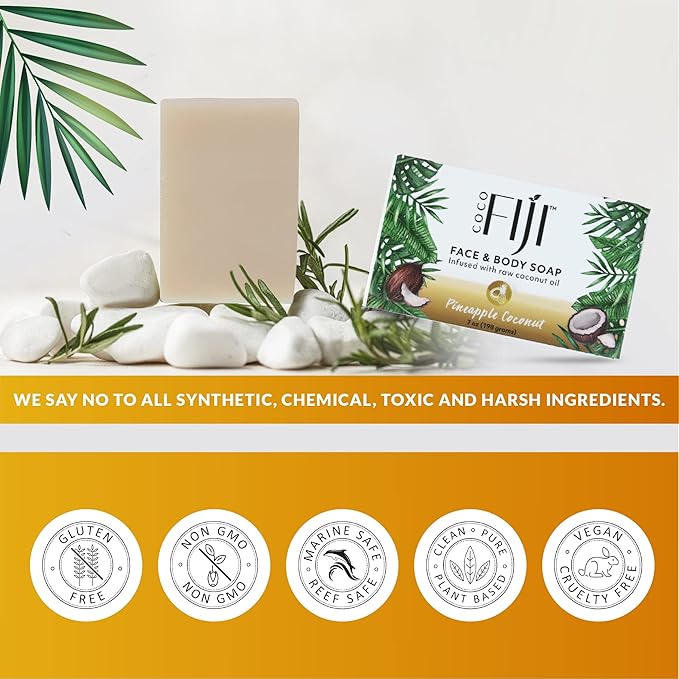 "Coco Fiji Soap Bar for Face and Body Infused With Organic Coconut Oil, Pineapple Coconut Essential Oil, Natural Soap for Moisturizing & Pore Purifying Skin, 7 oz, Pack Of 3 "