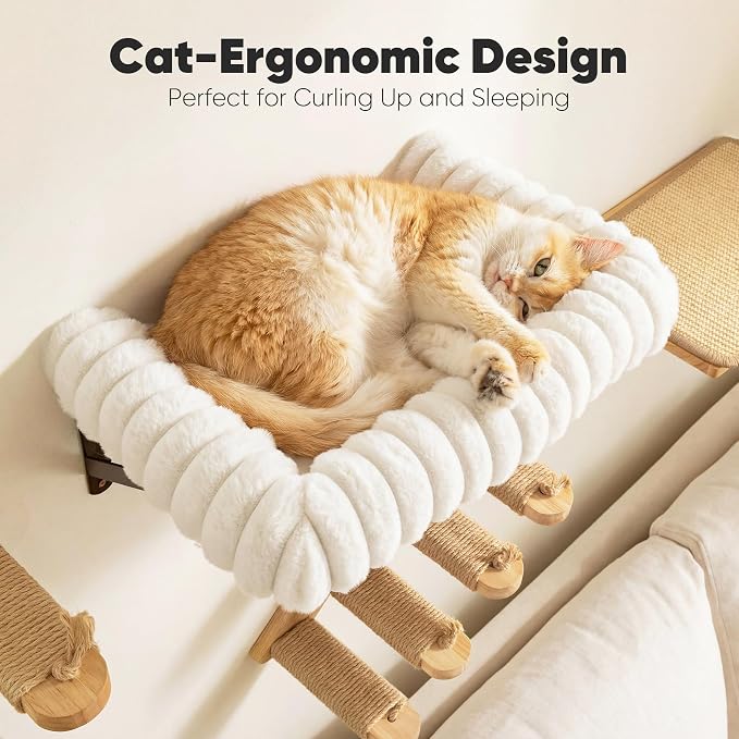 FUKUMARU Cat Wall Shelves, 17 x 10 Inch, Soft Cushion | Solid Rubber Wood Floating Shelf with Upgraded Installation, Kitten Wall Furniture for Sleeping, Playing and Scratching