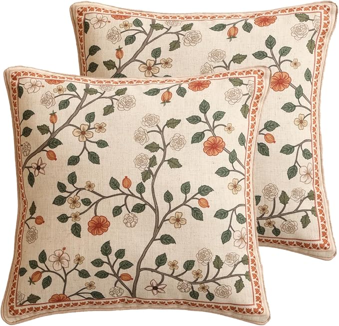 Designer Elegant Linen Throw Pillow Cover,Set of 2,18"x18"-Flora A | French Square Decor Pillow Cover,Concealed Zipper Design,Floral Pattern,Sofa,Bedroom,Living Room,Lounge Chairs