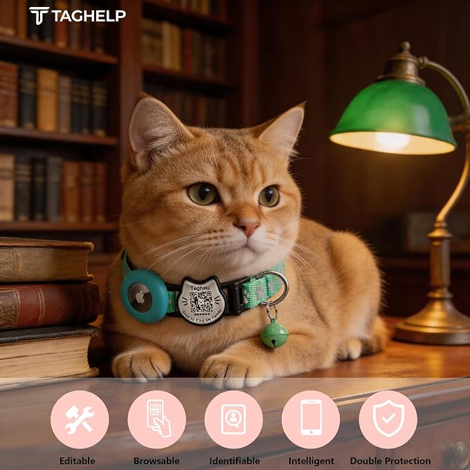Cat Collar with AirTag Holder, QR Code Tag and Bell (Green, Paw Pattern)