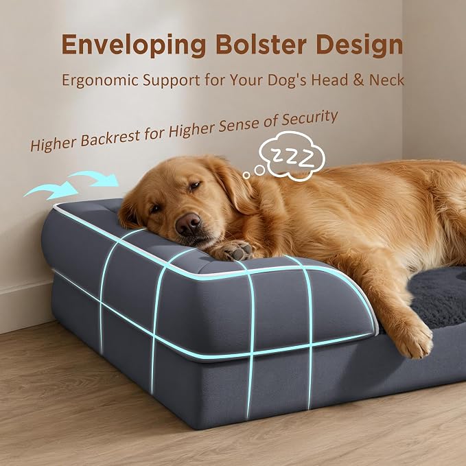 Comfort Expression Waterproof Orthopedic Dog Bed for Extra Large Dogs | Supportive Egg Crate Foam XL Pet Bed with Removable Bolster, Dog Couch with Washable Cover & Non-Slip Bottom, 42x30 Inch