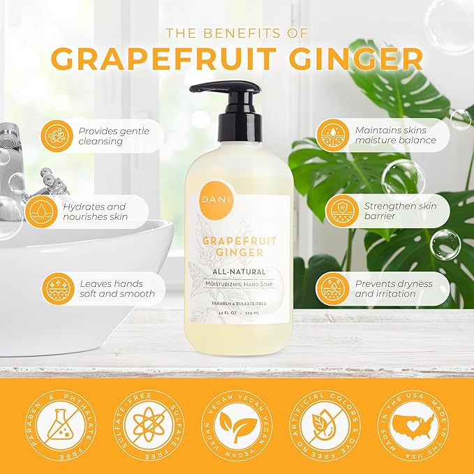 DANI Naturals Moisturizing Hand Soap – Grapefruit Ginger Scent, Hydrating, Sulfate-Free & Paraben-Free, 12 Oz Bottle with Pump, Gentle Cleansing for Dry Skin