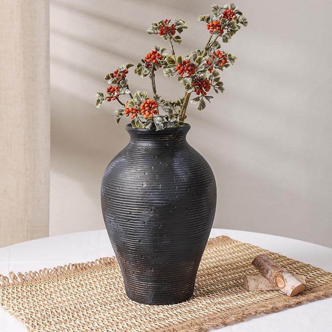 Ceramic Flower Vase Home Decor, 9 in Farmhouse Table Vases Rustic Vintage Living Room Kitchen Bedroom Pottery Decorative Vases for Flowers House Shelf Office Coffee Desk Dining Entryway, Black Gold