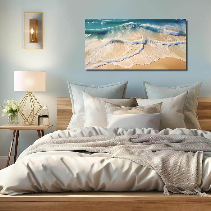 DNIEOTU Beach Wall Art for Living Room, Ocean Waves Canvas Wall-Decor for Bedroom, Landscape Picture Prints for Hallway Office, Size 40 x 20 Inches