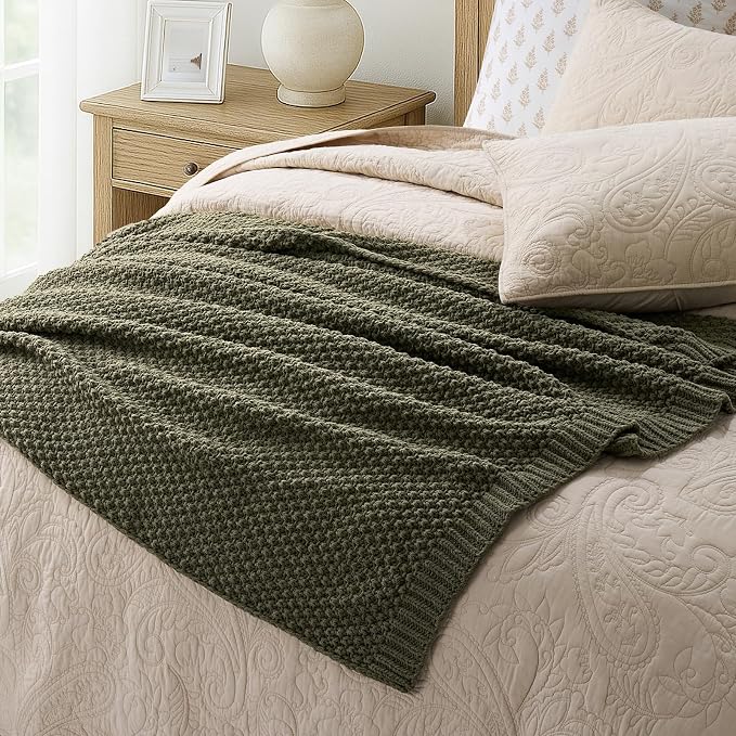 EVERGRACEHOME Chunky Chenille Knit Throw Blanket, 60 x 80, Olive Green | Sculpted Moss Stitch, Chic Modern Farmhouse, All-Season Warmth, OEKO-TEX® Certified, Elegant Blanket for Couch, Bed, Sofa