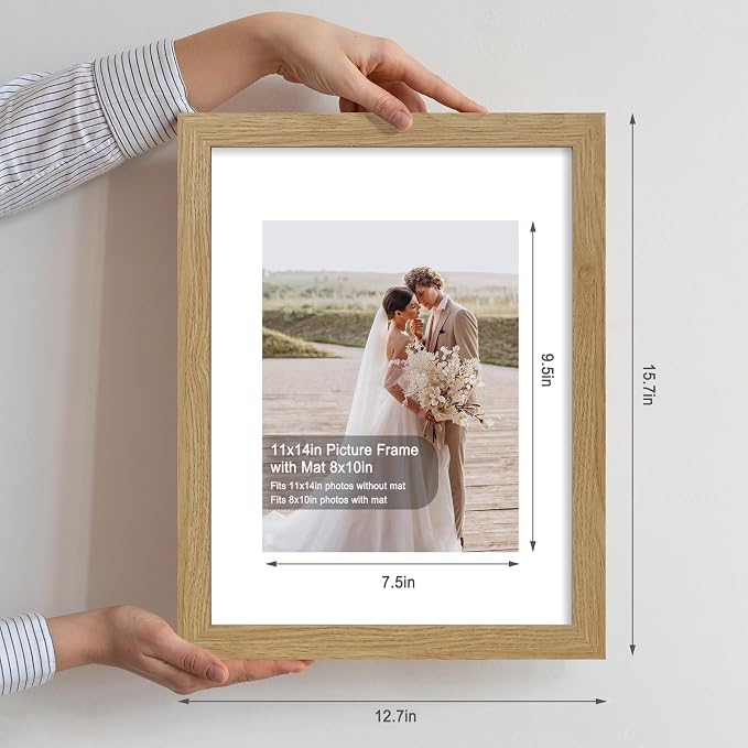 Hongkee 11x14 Picture Frame Set of 4, Made of Glass and Natural Oak Wooden Frame, Display 8x10 Pictures with Mat or 11 x 14 Posters without Mat for Wall Mounting, Gallery Photo Frames