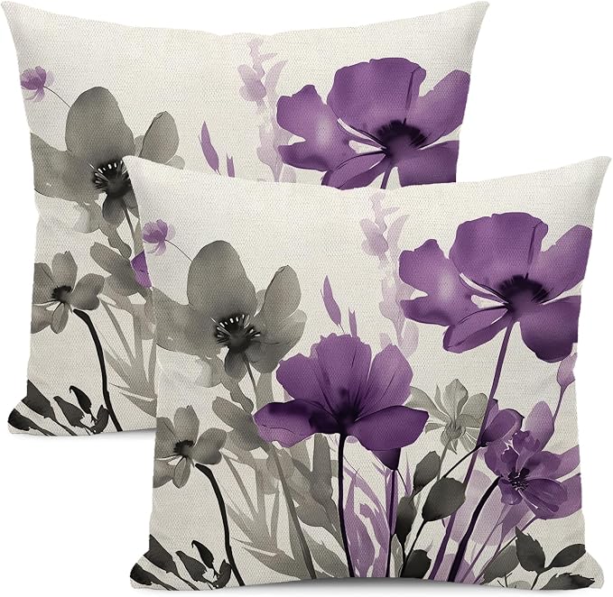 Spring Floral Pillow Covers 18x18 Inches Set of 2 Gray Purple Floral Throw Pillow Covers Outdoor Summer Flower Decoration Pillowcase Farmhouse Decorative Square Cushion Cover for Home Couch