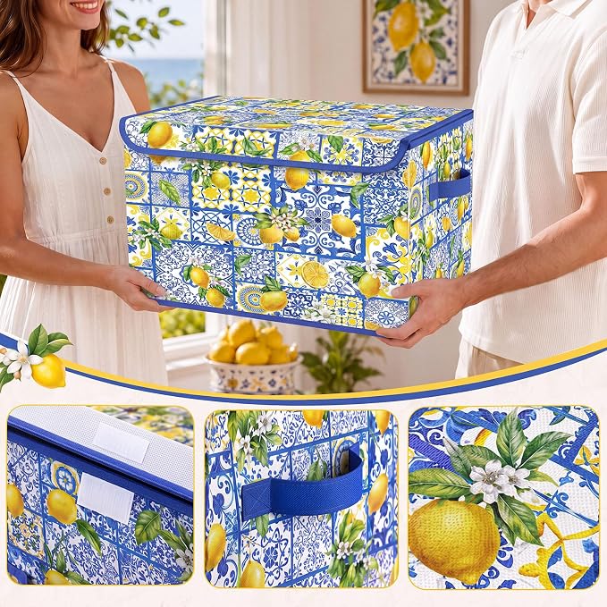 Briwooody Capri Lemon Storage Bin with Lid and Carrying Handle Italy Lemon Foldable Storage Box Large Blue Summer Fruit Decorative Collapsible Container Basket for Organizing Closet Home Bedroom Gift