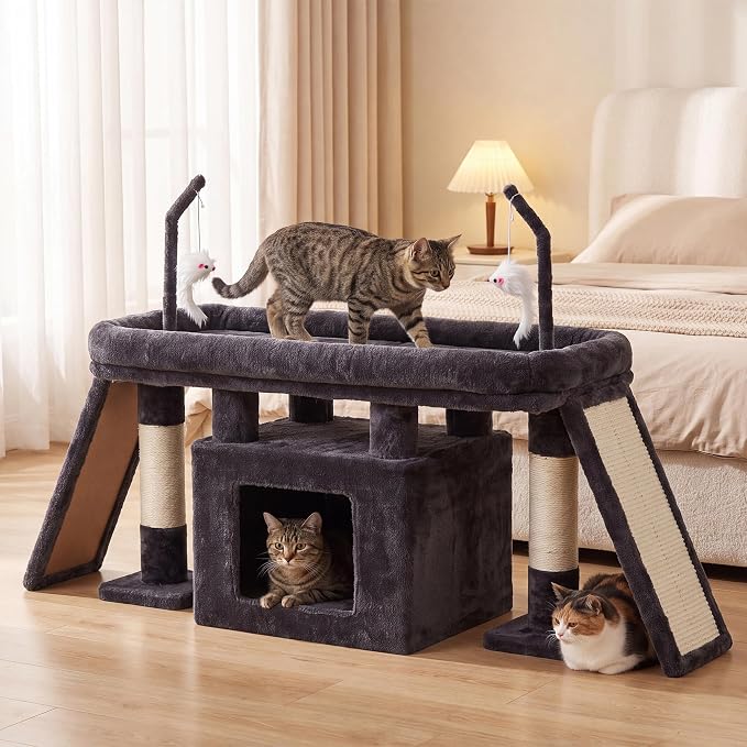 Heybly Cat Tree Extra-Long & Stable 2 Adjustable Scratch Boards HCT210SG | Easy-Climb Cat Tower with Dual-Leg Floor Condo, Sturdy Cat Furniture with Extra Wide Platform & Interactive Toys, Smoky Gray