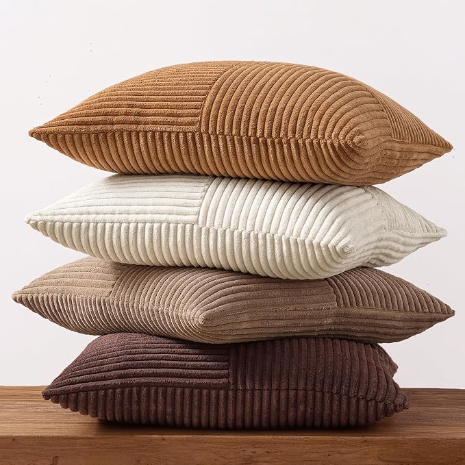MIULEE Brown Throw Pillow Covers 20x20 Inch Set of 4 Boho Farmhouse Cushion Cases Neutral Gradient Corduroy Pillow Cases with Invisible Zipper Patchwork Home Decor for Couch Sofa Bed