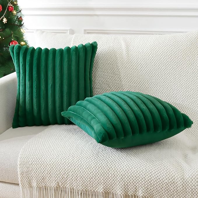 Soleebee Set of 2 Throw Pillow Covers Soft Cozy Velvet Pillowcase Faux Rabbit Fur Cover for Couch Sofa Bed Chair Home Decorative Pillows Cover (24x24 Inch, Christmas Green)