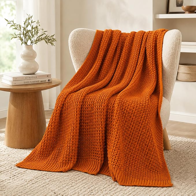 Burnt Orange Throw Blanket for Couch, Fall Waffle Knit Throw Blanket 50x60 | Chunky Chenille Throw Blanket, Soft Warm Decorative Fall Blanket for Sofa Bed, Ideal Fall Home Decor