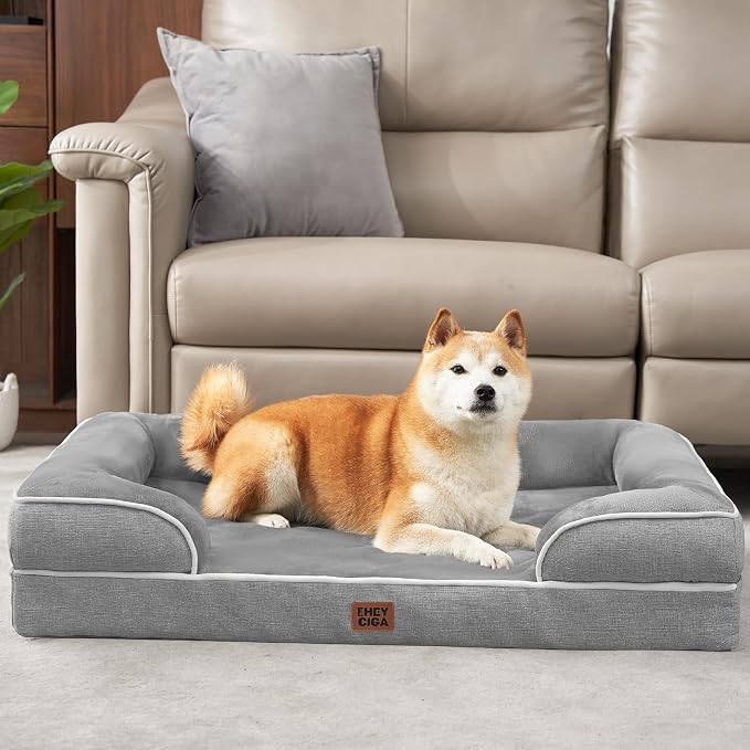 EHEYCIGA Orthopedic Dog Beds Large Sized Dog, Waterproof Memory Foam Pet Bed with Sides, Non-Slip Bottom Large Pet Bed with Washable Removable Cover, Grey | Non-Slip Bottom and Egg-Crate Memory Foam XL Dog Couch Bed with Washable Removable Cover, Grey