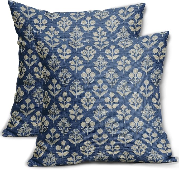 Blue Floral Block Print Pillow Covers 20x20 Inch Set of 2, Vintage Flower Pattern Decorative Throw Pillowcases Outdoor Farmhouse Cushion Covers Spring Summer Rustic Sofa Couch Bed Decor