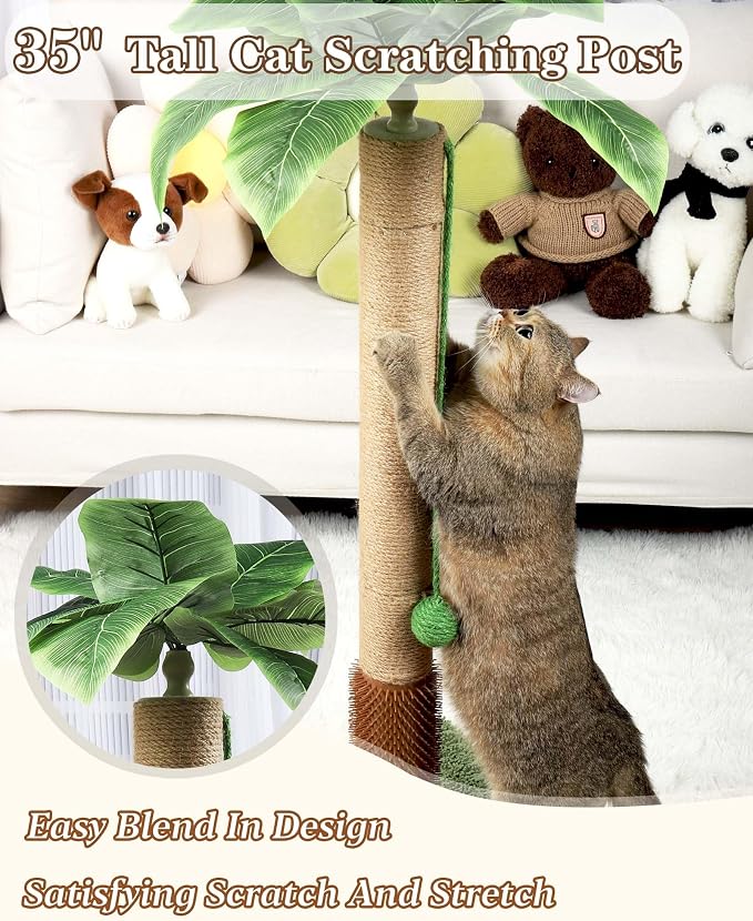 ANWA 35" Tall Simulated Cat Scratching Post with Self-Grooming Rubber Brush | Simulated Green Leaves, Natural Jute Cat Post, Scratch Post with Stable Base, Cat Furniture with Dangling Toys, Small Space