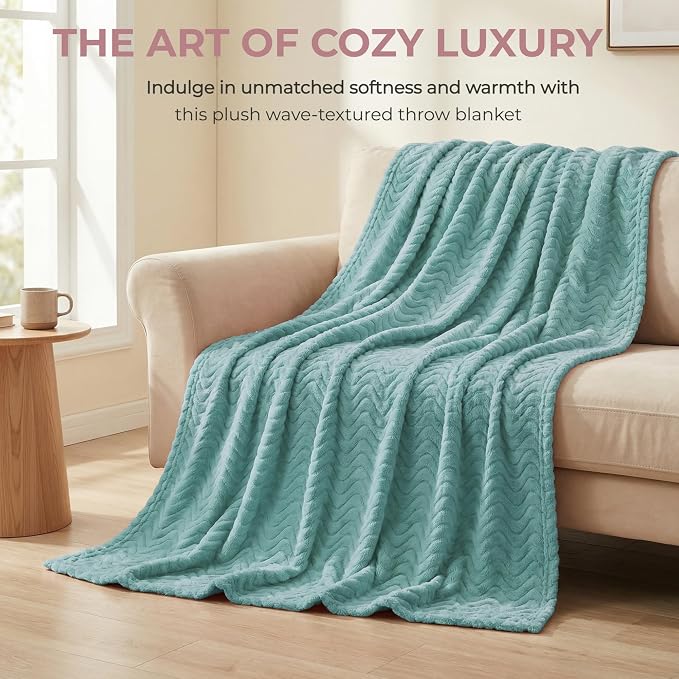 Exclusivo Mezcla Soft Fleece Blanket Queen Size for Bed, Sofa, Celadon | 90"x90" Breathable Lightweight Flannel Blanket for Summer, Plush Cozy Jacquard Wave for Home Decor