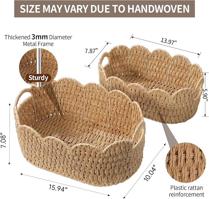 Coeusy Paper Rope Scalloped Basket Set of 2, Wicker Storage Baskets for Shelves,Gifts,Books,Toys,Cute Decor Rattan Baskets for Organizing,Natural Color