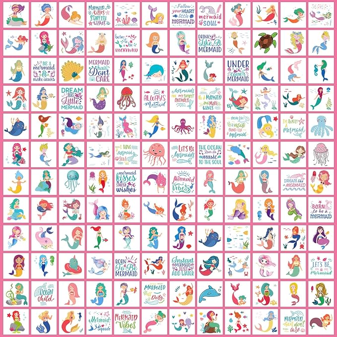 Partywind 408 PCS Kids Tattoos for Party Supplies, Individually Wrapped Sheet Temporary Tattoos Stickers for Kids Goodie Bag Stuffers, Fun Birthday Party Favors - Mermaid