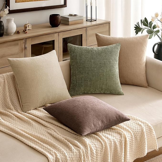 MIULEE Textured Chenille Throw Pillow Covers 20x20 Inch Olive Green | Pack of 2 Decorative Soft Throw Pillows, Solid Textured Cushion Covers, Modern Home Decor for Couch Sofa Bedroom Living Room