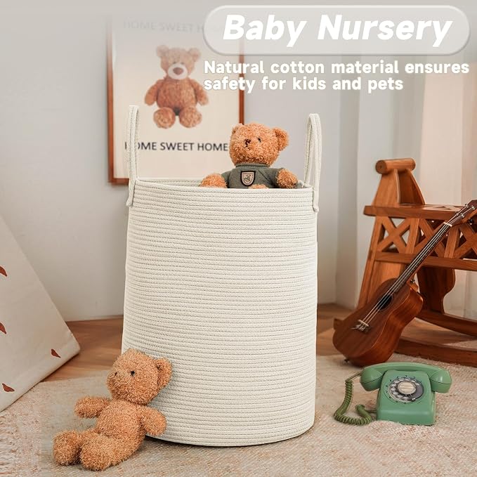 JMvicyroam 60L Cotton Rope Laundry Basket Hamper, White | Collapsible laundry basket, reinforced handles, freestanding, machine washable, holds 3-5 thick blankets, clothes or toys