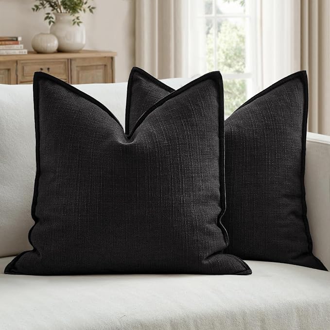 MIULEE Thick Textured Euro Sham Throw Pillow Covers 24x24 Inch Black | Set of 2, Decorative Linen Blend Pillow Cover, Flange Edge Design, Farmhouse Modern Boho Style, Bed Couch Living Room Decor