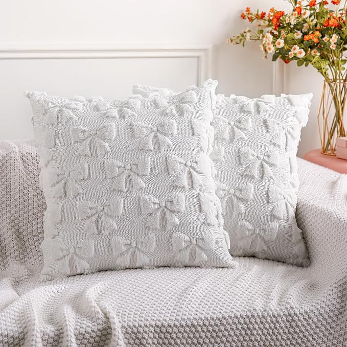Mixweer Cream White Bow Pillow Covers Set of 2 Preppy Room Decor Coquette Cute Spring Summer Decorative Faux Fur Soft Bowknot Stuff Fluffy Plush Aesthetic Pillowcase for Bed Sofa Couch (20 x 20 Inch)