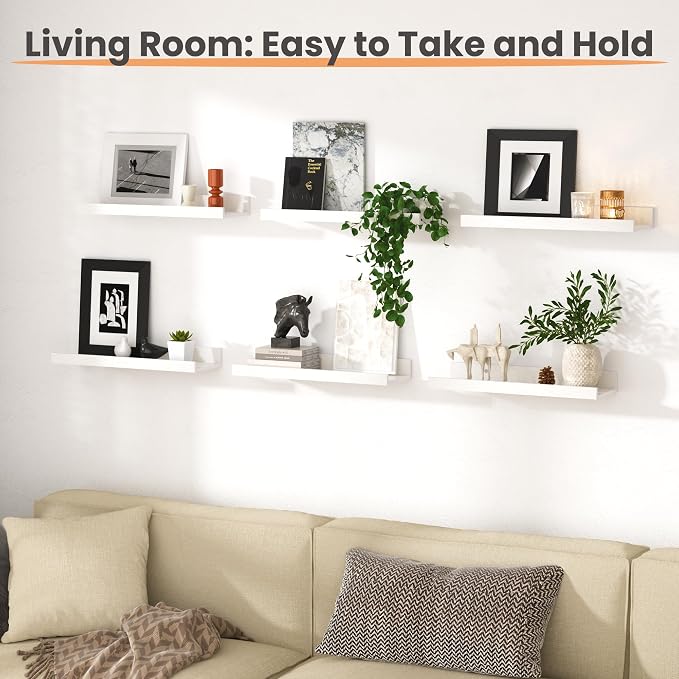 upsimples Floating Shelves for Wall Decor and Storage, White, 6Pcs 15.7'' | Wall Mounted Wood Shelves for Living Room, Bedroom, Bathroom, Kitchen, Office, Laundry Room Display and Organize