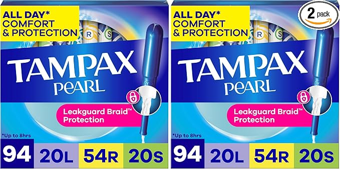 Tampax Pearl Tampons Multipack, Light/Regular/Super Absorbency, with Leakguard Braid, Unscented, 94 Count (Pack of 2)