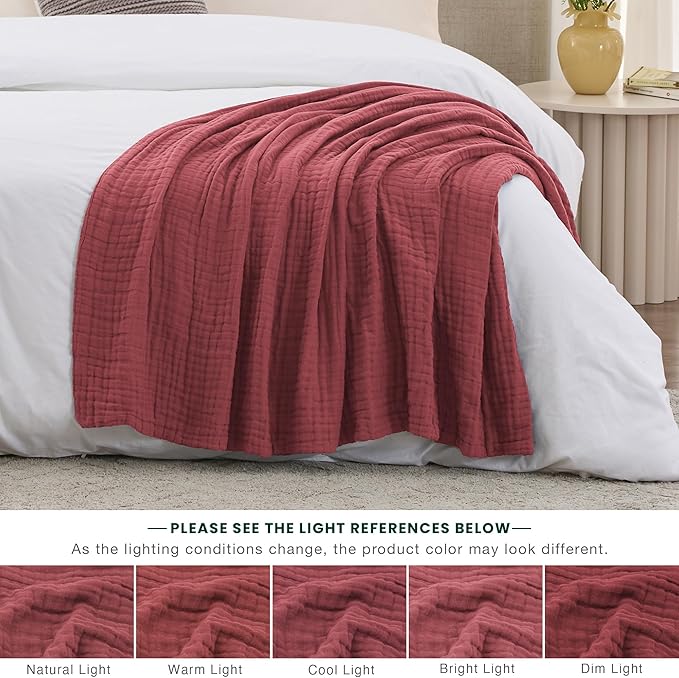 Love's cabin 100% Cotton Muslin Blanket, 6 Layer Lightweight Breathable Gauze Twin Size Blanket 60 x 80 Inches, Soft Summer Blanket for Bed or Couch, Wine Red