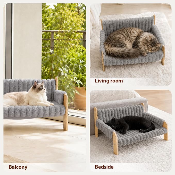 Elevated Cat Couch for Indoor Cats Wooden Cat Sofa for Kitty Puppy | Ultra-Soft Plush Raised Cat Bed,Removable Washable Cat Chair Hammock,Breathable Cat Furniture for Bedside Balcony Living Room