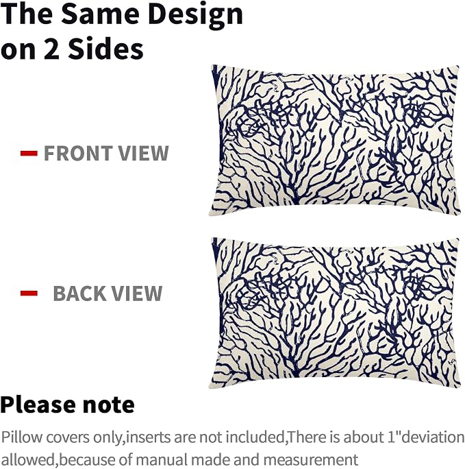 Nautical Coastal Coral Lumbar Pillow Covers 12x20 Inch Set of 2 Summer Ocean Beach White Blue Decorative Pillow Cases Outdoor Linen Cushion Cover Farmhouse Decor for Bedroom Home Sofa Couch Bed