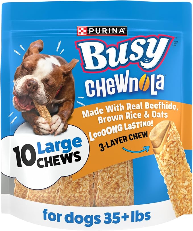 Purina Busy Chewnola Small/Medium Dog Bones, Oats & Brown Rice, 10 ct Pouch | Three-layer dog treat made with wholesome grains and a real beefhide center, long-lasting chew that helps clean teeth