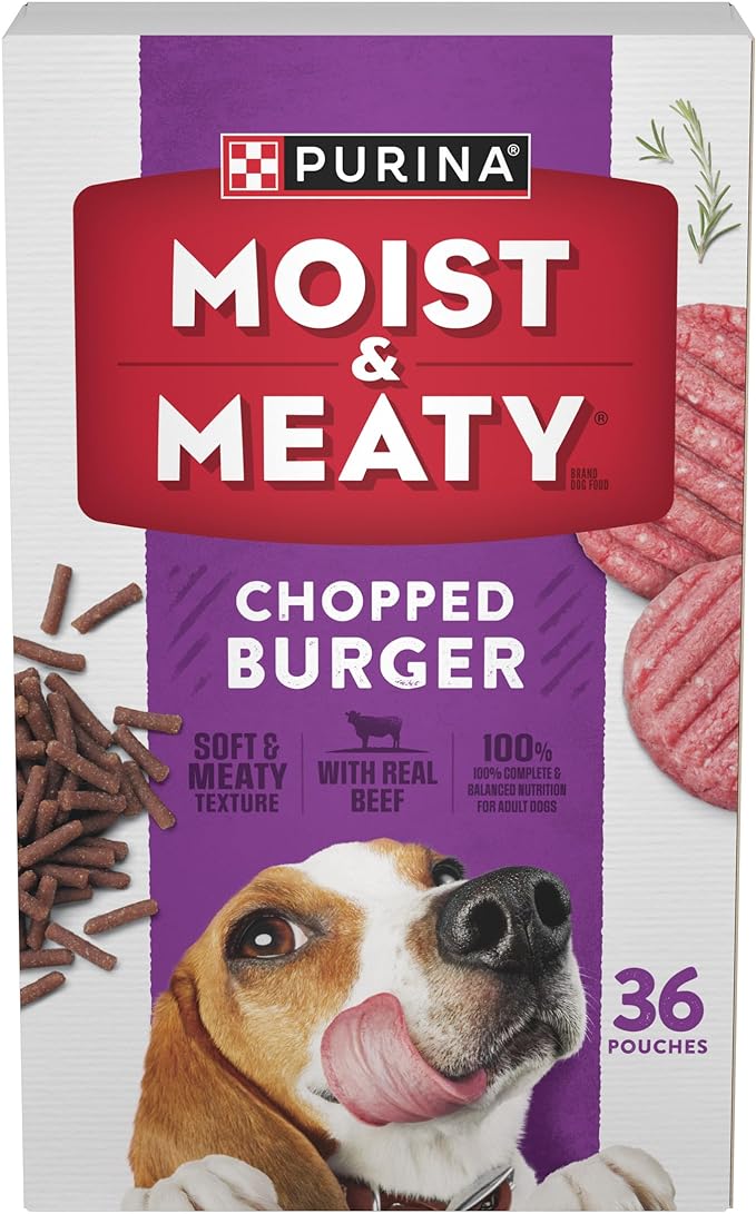 Purina Moist & Meaty Soft Dog Food Pouches, 36 ct | Chopped Burger Flavor adult dog food, made with real beef, individual pouches, no-mess meal or tasty treat