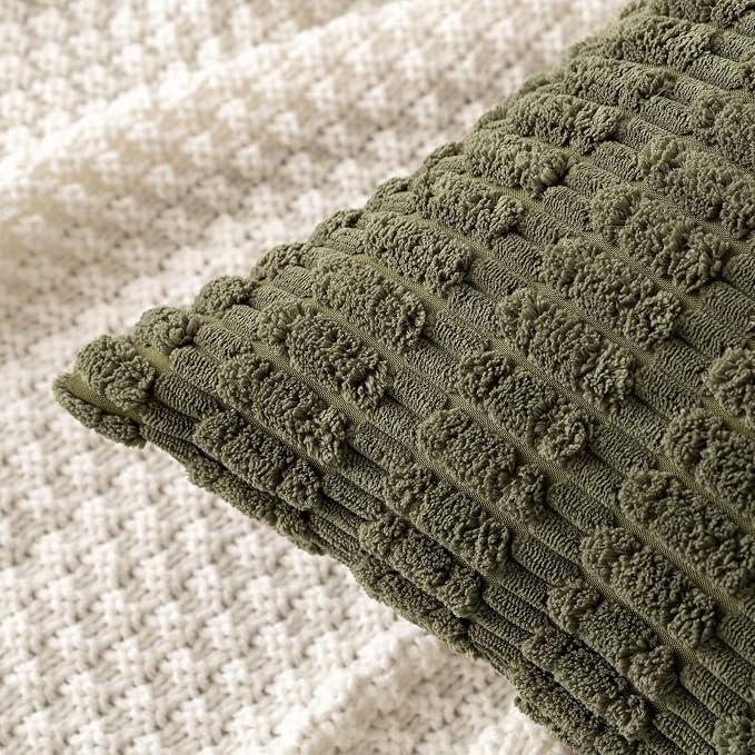 MIULEE Corduroy Decorative Throw Pillow Covers 16x16 Olive Green Pack of 2 | Soft Boho Striped Pillow Covers Modern Farmhouse Home Decor For Sofa Living Room Couch Bed